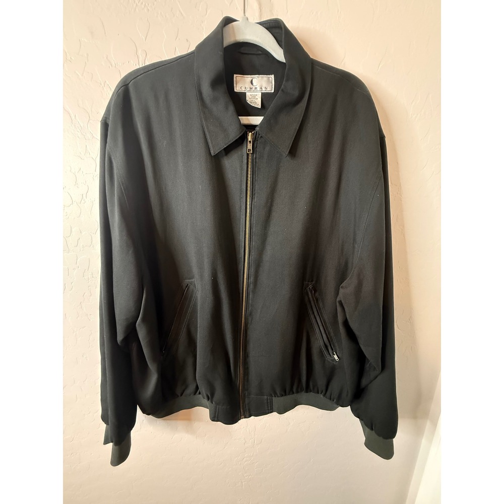 Cumran Black 100%‎ Silk Bomber Jacket Menswear Classic Zip Up Large